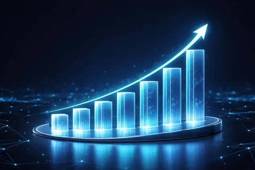A high-tech digital visualization featuring glowing blue bar charts and a rising trend line over a network of connected data nodes for a hero banner.