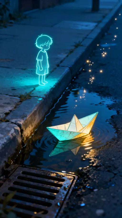A luminous outline child stands beside a real street gutter at night as a glowing line-art paper boat floats and sends sparkles upward like tiny fireflies, creating a quiet, magical street moment.
