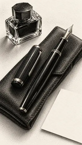 A plain lacquered fountain pen with a gold nib lies across a folded dark leather writing case beside a crystal ink bottle and blank card in a stippled ink dot illustration.