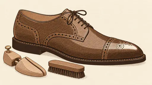 A polished dark brown leather derby shoe with fine broguing and a welted sole is drawn from the side with a shoe tree and brush in distinct equal dot tone fields.