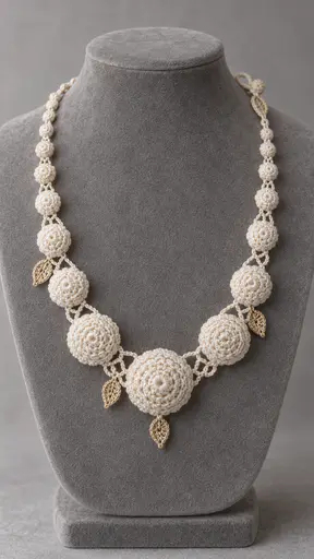 A plain graduated necklace of round pearl like motifs and small leaf motifs hangs from a curved velvet bust in joined crochet motifs linked by an open mesh in cream and ivory.