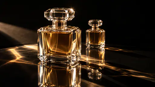 A plain faceted crystal perfume bottle with a heavy stopper and amber liquid stands on a black mirror surface throwing bright caustic bands in a glass still life photograph.