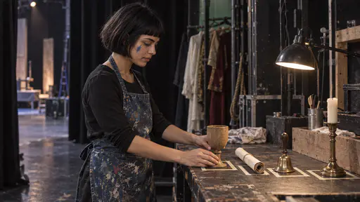 A woman with a short black bob and a gold nostril stud in a paint-splashed denim apron places a plain wooden goblet among a rolled blank scroll, a brass bell and a candlestick on a long props table with each prop on a taped square in the dim wings under one bench lamp.