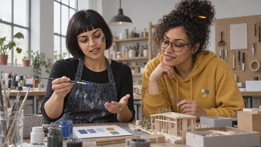 A woman with a short black bob and a paint streak in a paint-splashed denim apron holds out a small brush toward a woman with round glasses and a curly bun holding tweezers beside a half-built wooden model and a sheet of colour swatches.