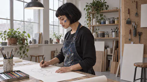 A woman with a short black bob and a blue paint streak on her cheek in a paint-splashed denim apron sketches on a large sheet of plain drawing paper beside a tin of coloured pencils and a jar of brushes at a long worktable in bright light.
