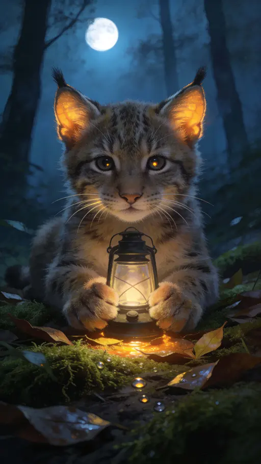 A photoreal lynx cub cradles a glowing lantern in a misty forest hollow at night, warm light on tufted ears and damp ground, calm and intimate mood.
