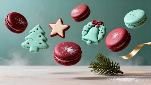 Floating macarons shaped like Christmas icons form a festive still life in a 16:9 studio frame, with gentle warm glow, soft depth, and clean surfaces that emphasize glossy icing and delicate textures.