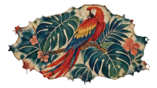 A batik wax-resist fabric slice of a scarlet macaw among stylized jungle leaves, its dyed edge bleeding out on transparency.
