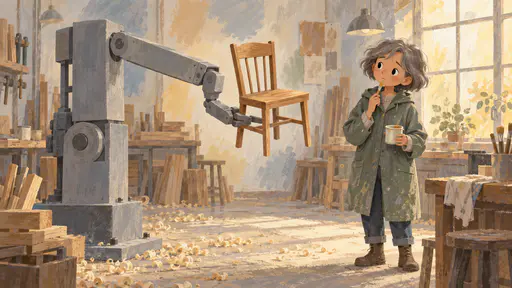A tall plain grey assembly machine with a long arm holds out a finished small wooden chair on a workshop floor while a woman with short grey hair in a green raincoat holds a paint pot and brush, head tilted, deciding whether to paint it.