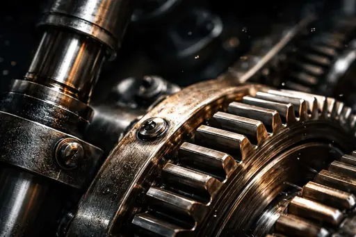 Extreme close-up macro photography of moving machine parts showing metallic textures, motion blur, shallow depth and industrial lighting for a poster-cover composition.