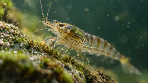 A shrimp feeds at an algae-covered stone in a macro photograph, sharp across its head and feeding legs with the tail softly out of focus.