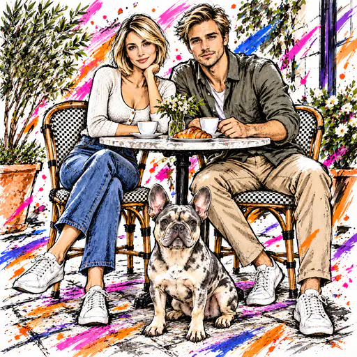 Ink illustration of a couple with a French bulldog at a cafe table surrounded by magenta and orange ink streaks