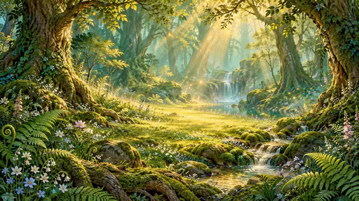 A magical woodland glade is lit by rays of sunlight filtering through tall trees over soft green moss, ferns and wildflowers with floating pollen and gentle mist.