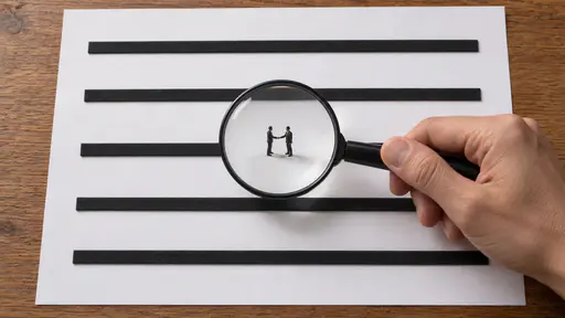 Reading between the lines: a hand holds a magnifying glass over a sheet of blank raised black rules, and inside the lens two tiny human silhouettes shake hands in the empty gap between two lines.