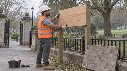 A broad strong man with brown skin and a short black beard in a white hard hat and orange high-visibility vest fits a new plain blank wooden sign board onto two posts at a park entrance while the old faded board leans against a railing in cool morning light.
