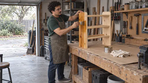 A tall soft-built man with round glasses and curly dark hair in a green t-shirt and canvas apron brushes clear oil onto a sanded pine rack standing on paper on a garage workbench, the wood glowing honey where oiled, with a small tin of oil and a rag beside it.
