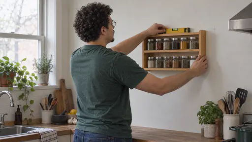 A tall soft-built man with curly dark hair in a green t-shirt seen from behind holds the finished honey-coloured pine spice rack flat against a pale painted kitchen wall with one hand while checking it with a small spirit level in the other beside a pencil mark.