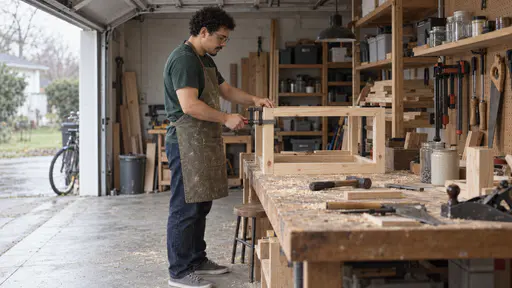 A tall soft-built man with round glasses, curly dark hair and a chin beard in a green t-shirt and canvas apron tightens a small steel bar clamp across a freshly glued pine corner joint of a rack frame on a garage workbench.