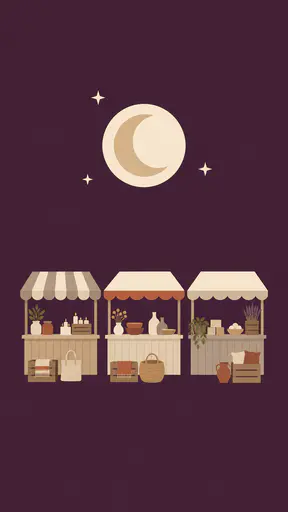 Flat vector poster illustration of three small craft stalls in a row at night under one large cream crescent moon inside a flat pale halo, with plain unlettered counters on a deep plum sky and empty copy space above — a friendly Halloween makers market social graphic.