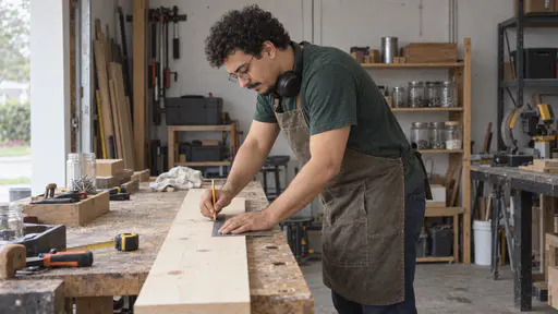 A tall soft-built man with round glasses, curly dark hair and a chin beard in a green t-shirt and canvas apron leans over a pine board on a garage workbench marking a straight line with a pencil against a small steel square.