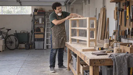 A tall soft-built man with round glasses and curly dark hair in a green t-shirt and canvas apron sands the top shelf of an upright assembled pine rack with a wooden sanding block on a garage workbench with a light haze of pale dust in the daylight.