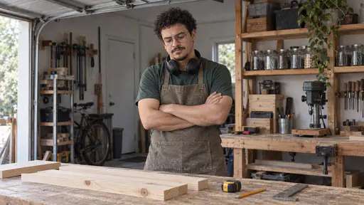 A tall soft-built man with round glasses, curly dark hair and a chin beard in a green t-shirt and canvas apron stands behind a garage workbench with folded arms looking at plain pine boards, a rolled tape measure, a pencil and a small square in soft light.