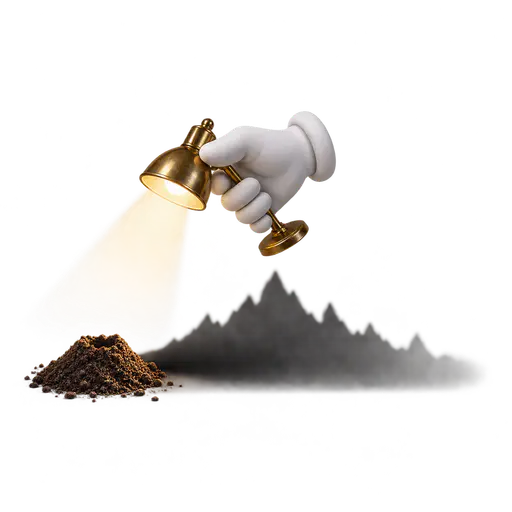 Making a mountain out of a molehill: a white cartoon glove angles a small brass lamp at a tiny dirt molehill, whose base spreads into an enormous jagged mountain-shaped shadow across the ground, a small problem magnified into a huge looming one.