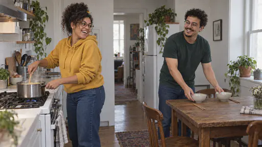 A woman with round tortoiseshell glasses and a curly black bun in a mustard hoodie stirs a pot of noodles on a stove with a wooden spoon while a tall man with round glasses and a chin beard in a green t-shirt sets two bowls and chopsticks on a small table behind her in a bright kitchen.