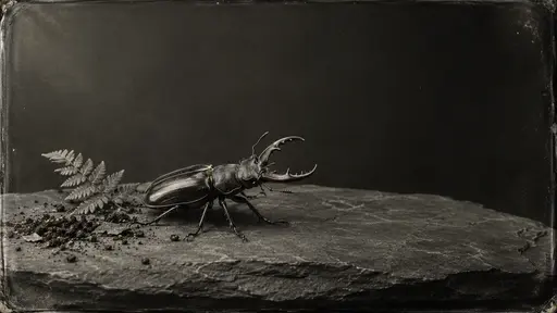 A large male stag beetle with branched mandibles rests on a flat slate slab beside a small fern leaf in a silver toned daguerreotype style photograph with crisp micro detail.