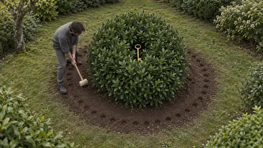 Beating around the bush: a person taps a ring of dents around a dense round bush with a padded mallet while a large bright brass key sits untouched at its leafy center.