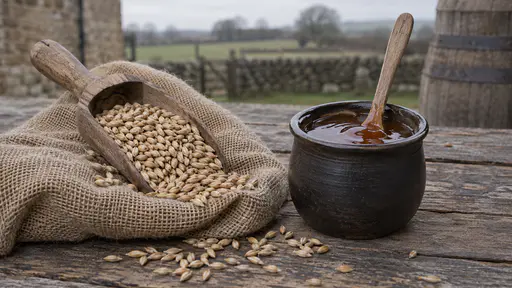 A wooden scoop of pale malted barley grain rests on a rough sack beside a small dark pot of thick amber barley syrup with a spoon standing in it in soft side light.