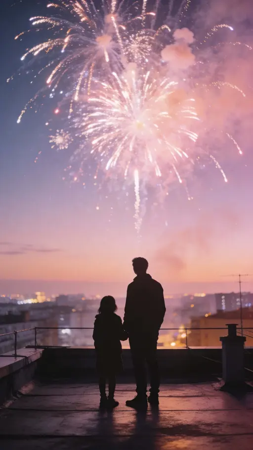 A dreamy, cinematic vertical 9:16 night scene of soft pastel fireworks glowing above a silhouetted man and child, with a softly blurred city below and poetic film-grain mood.