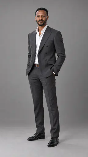 A tall man with a short black beard in a charcoal double-breasted suit, open white shirt and black oxford shoes standing full length against a seamless warm-grey backdrop, hands in his pockets, a clear margin of grey around him.