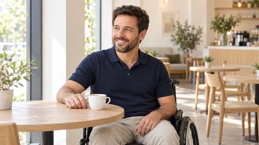 A bearded man in a navy polo and light chinos in a black manual wheelchair at a round cafe table by a large window, a cup of coffee in front of him, soft cafe behind.