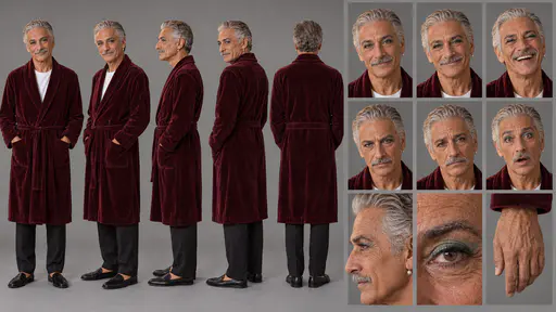 A 16:9 studio character sheet of a silver-haired man in a burgundy velvet dressing gown over a white shirt, dark trousers and black slippers, shown in five full-body views, six expressions and three close details.