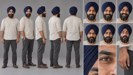 A 16:9 studio character sheet of a bearded man in a navy turban and oatmeal linen shirt, grey trousers and brown shoes, shown in five full-body views, six expressions and three close details.