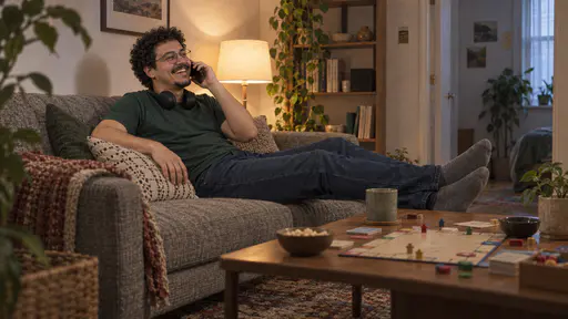 A tall man with round glasses, short curly hair and a chin beard in a green t-shirt sits on a sofa with his feet up and his phone held to his ear laughing, with a half-played board game on the coffee table and headphones round his neck in warm evening light.