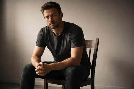Close-framed portrait of a seated man in a spare minimal room, photographed in low-key portrait style with strong directional shadows and a 3:2 poster composition.