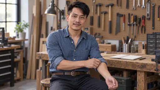 A wiry man with swept-back black hair and a thin moustache in a mid-blue denim shirt with rolled sleeves tucked into dark trousers and a brown belt sits on a wooden stool rolling up one sleeve, a pegboard of plain tools, a bench lamp and a workbench with an open notebook behind him.