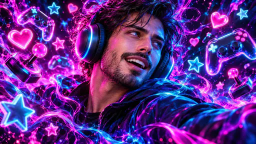 A man in headphones among glowing neon game icons.