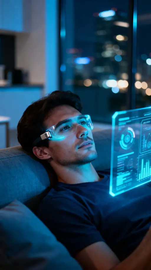 A tech-savvy man lounges on a sofa with a transparent holographic display of AI analytics and digital visuals, deep blue and cyan glows with soft white highlights on a slate-gray glass wall at night.