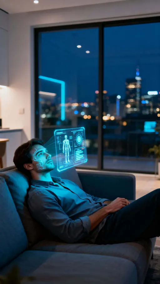 A tech-savvy man lounges on a sofa with a transparent holographic display of AI analytics and digital visuals, deep blue and cyan glows with soft white highlights on a slate-gray glass wall at night.