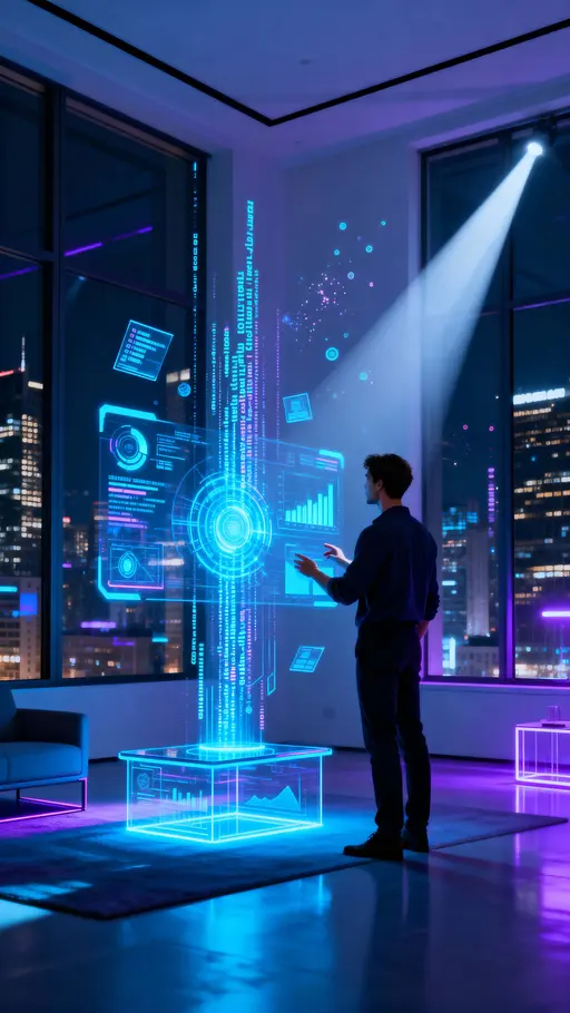 A man controls a holographic AI interface mid-air with glowing cyan and electric blue graphics, code streams and 3D charts against a deep-navy night skyline through panoramic windows in a tall 9:16 frame.