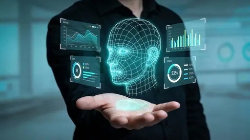 A man in a dark minimal environment holds an open hand interacting with a floating wireframe human head glowing cyan and teal, surrounded by transparent data panels.