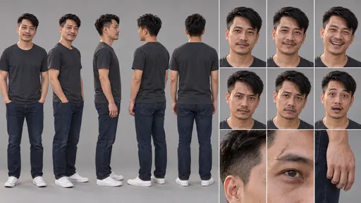 A 16:9 studio character sheet of a man with swept black hair and a thin moustache in a charcoal t-shirt, blue jeans and white sneakers, shown in five full-body views, six expressions and three close details.