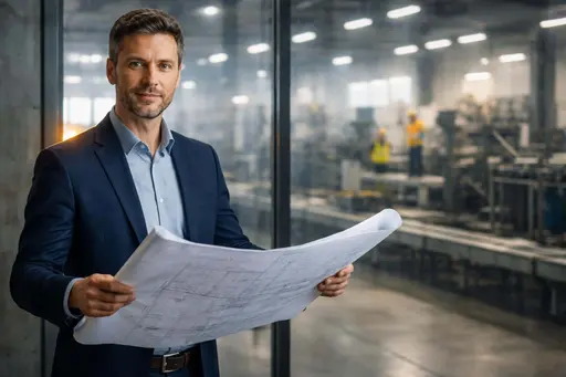 Manager holding a rolled blueprint in a portrait photograph with a working factory visible behind a glass wall, composed for a 3:2 poster-cover with an industrial editorial mood.