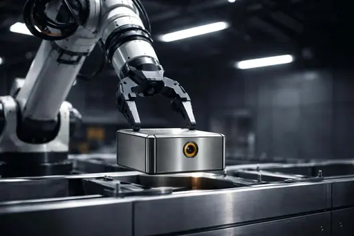 A manufacturing robot arm carefully places a finished product in an industrial product-photography style, composed for a 3:2 poster-cover crop with precise framing.
