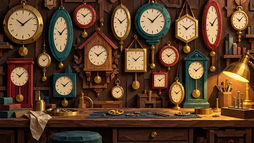 A clockmaker shop wall is crowded with different plain clocks, round, square, oval and house shaped, with tick marks and no numbers above a long workbench in layered paper.