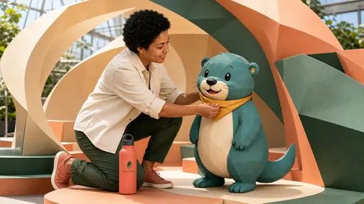 Compose a playful brand campaign that turns a character reference into a life-size paper sculpture while preserving a persona, product, and logo.