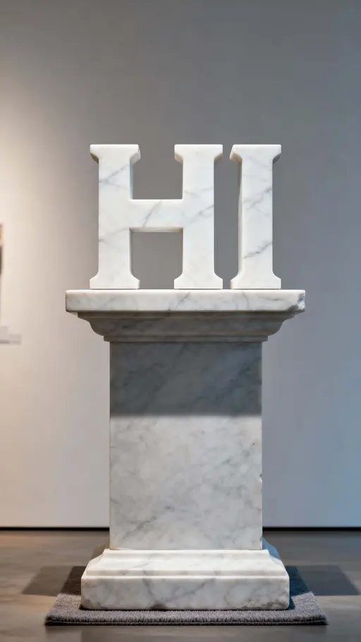 A vertically framed 9:16 portrait of the letters "HI" carved from white marble, shown with crisp edges and subtle veining, lit to reveal form and tactile surface on a neutral plane.